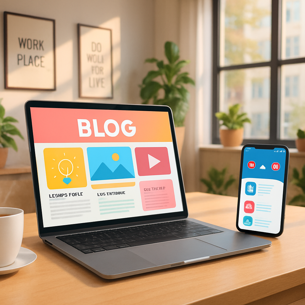 The image depicts a sleek modern workspace with a large minimalist desk made of light wood A highend laptop is open displaying a vibrant blog interface filled with colorful graphics and text Beside it a stylish smartphone showcases social media notif