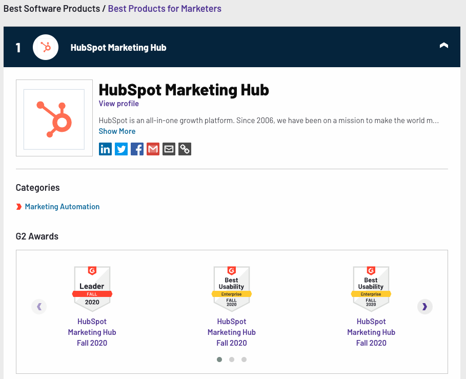 G2 hubspot best product for marketer